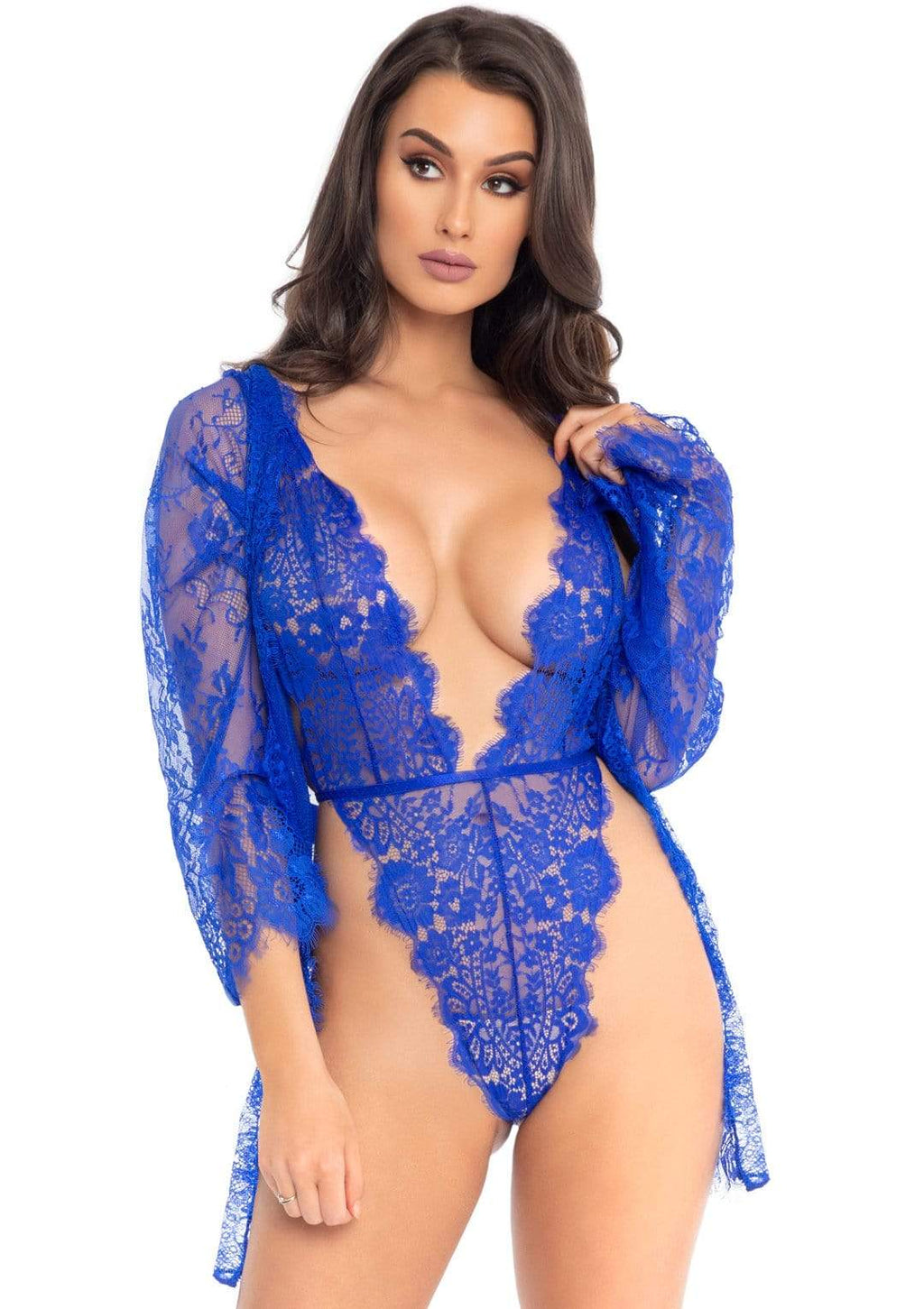 3pc Lace Teddy and Robe Set - Medium -  Royal Blue LA-86112RYLBLUM