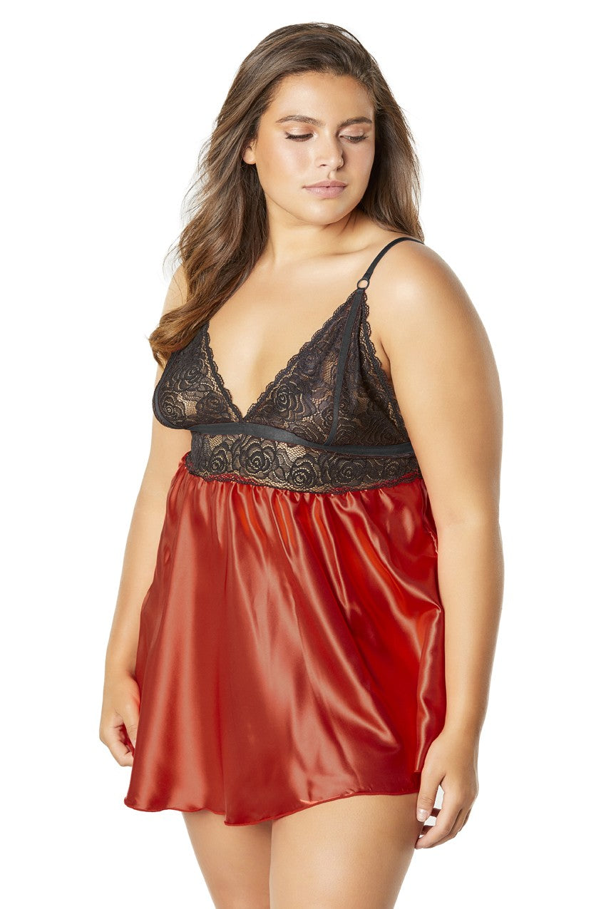 Lace Cup Satin Empire Body Babydoll With Contrast Color Piping + G-String - Black/red - 3x4x OH-75-10873X-BRD3X4X