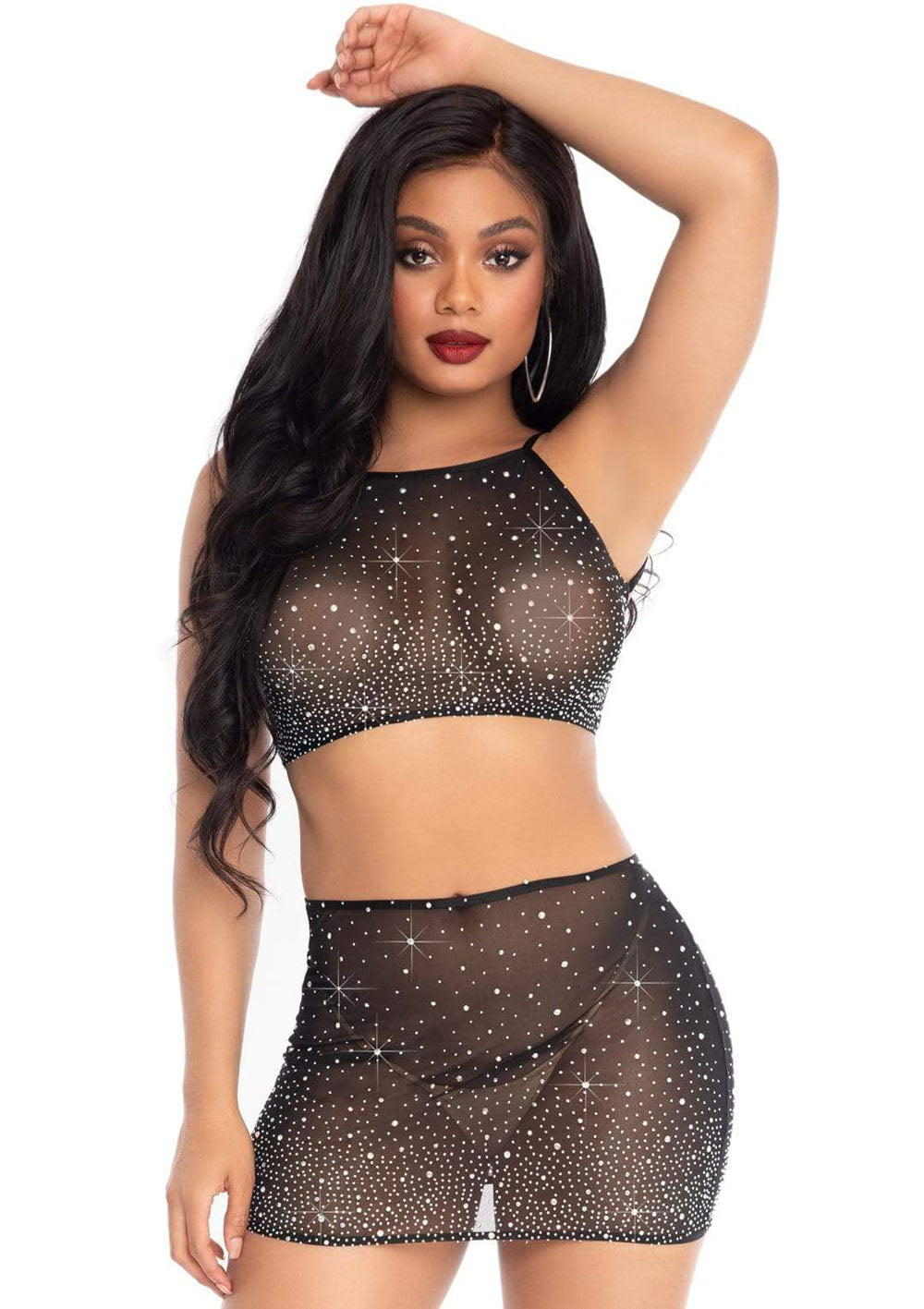 2 Pc Rhinestone Crop Top and Mini Skirt - Black - Small LA-86152BLKS