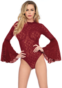 High Neck Stretch Lace Bell Sleeve Bodysuit - One Size - Burgundy LA-89208BUR