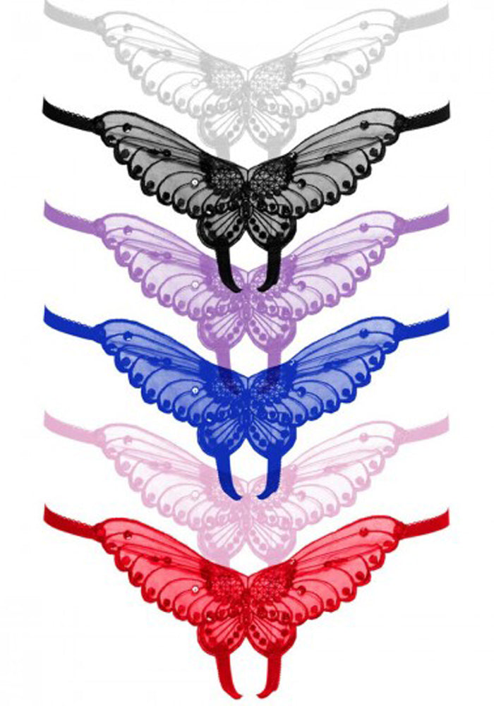 Butterfly Crotchless Panty With Pearl Accents - Assorted Colors - One Size LA-2600